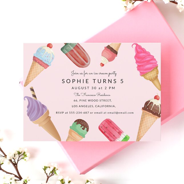 Convites Festa de Verão Rosa Rosa de Aniversário do sorvete (Criador carregado)