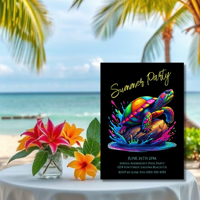 Convites Festa de Verão - Splash de Tartaruga Colorida (Colorful Turtle Splash-Fisherman Core-Dopamine Dressing-Summer Party Invitation-Black)