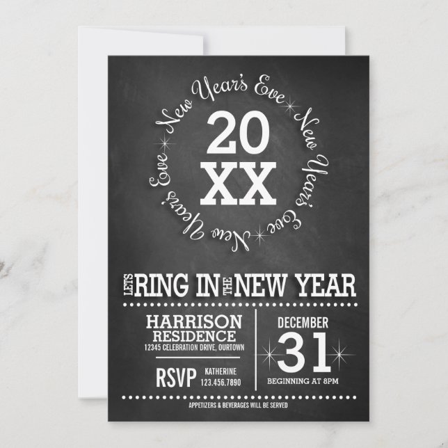 Convites Festa de véspera de Ano Novo Chalkboard (Frente)