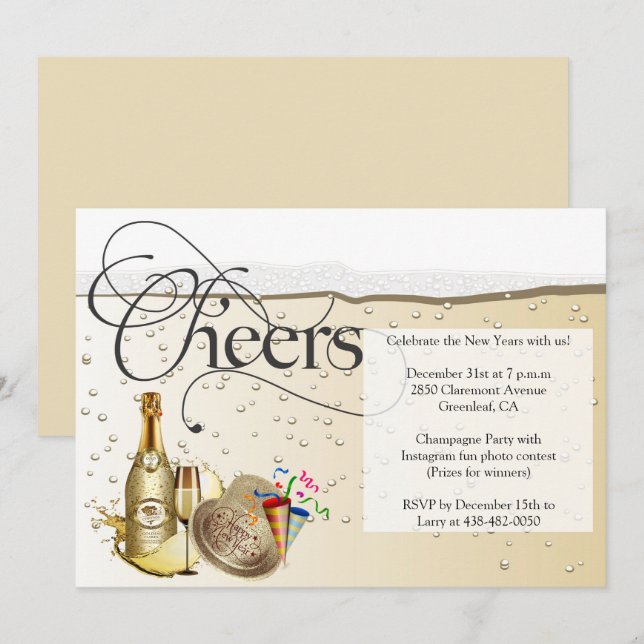 Convites Festa de Véspera de ano novo de Champanhe (Frente/Verso)
