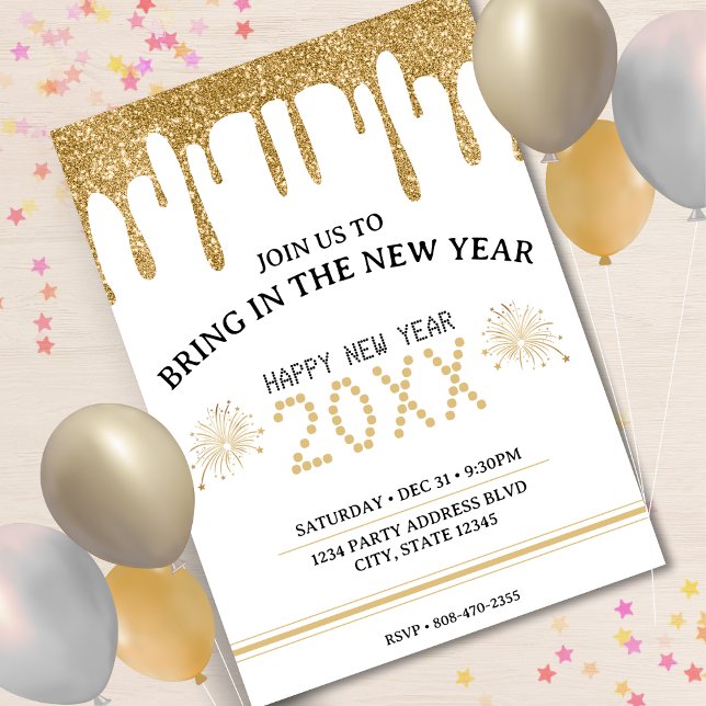 Convites Festa de Véspera de ano novo de Drip de Brilho Bra (White & Gold Glitter Drip New Years Eve Party 2024 Invitation)