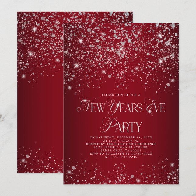 Convites Festa de Véspera de ano novo do Elegante Red Silve (Frente/Verso)