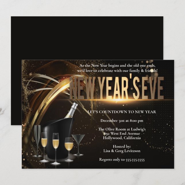 Convites Festa de Véspera de ano novo Dourada e Preta Elega (Frente/Verso)