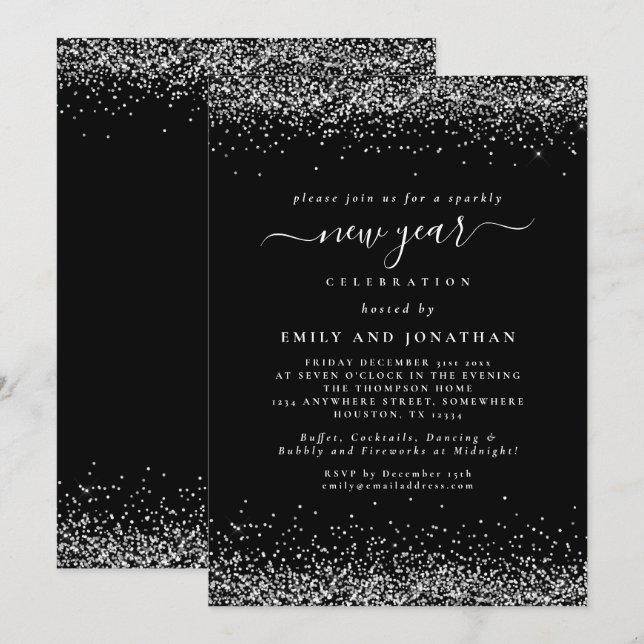 Convites Festa de Véspera de ano novo Preta de Script de La (Frente/Verso)