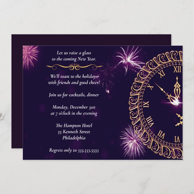 Convites Festa de Véspera de ano novo Roxo Elegante (Frente/Verso)