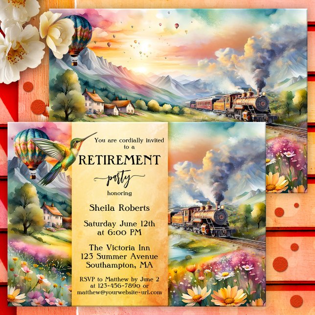 Convites Festa de Viagem de Aposentação da Aquarela do Comb (Retirement invitation showing a watercolor painting of a summer landscape with a vintage steam train)