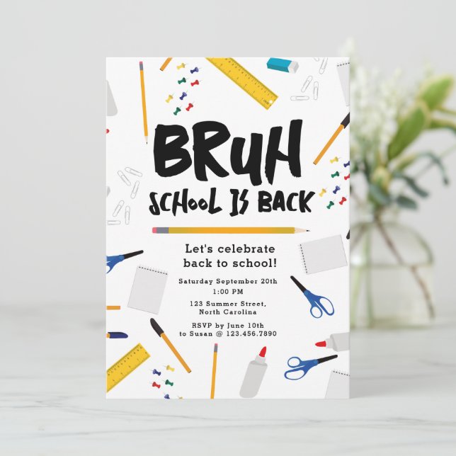 Convites Festa de Volta às Aulas Bruh para Crianças (Em pé/Frente)