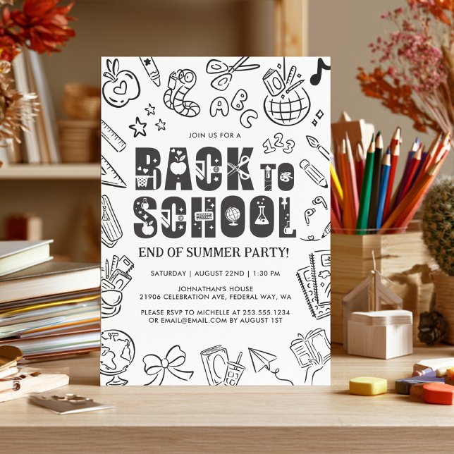 Convites Festa de Volta às Aulas Desenhada à Mão Fim de Ver (Back To School Handdrawn End Of Summer Party Invitation)