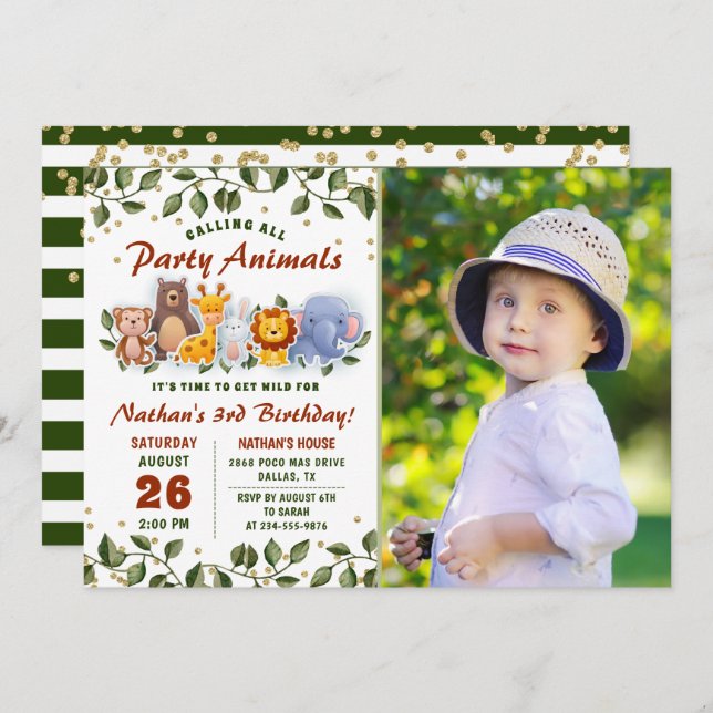 Convites Festa de Zoo Amigos Animais Foto de Aniversário Gr (Frente/Verso)