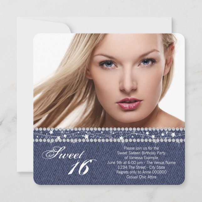 Convites Festa Denim e Diamante Sweet Sixteen (Frente)