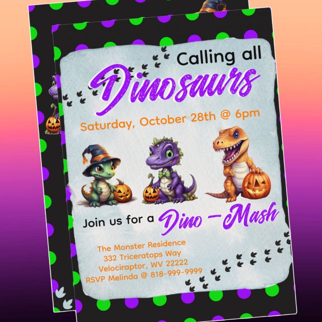 Convites Festa Dino-Mash do Dinossaur do Halloween (Halloween Dinosaur Dino-Mash Party Invitation with purple font)