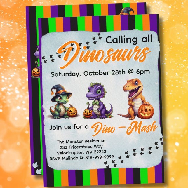 Convites Festa Dino-Mash do Dinossaur do Halloween (Green, Purple, Black and Orange Vertical Stripe Dinosaur Halloween Dino-Mash Party Invitation)