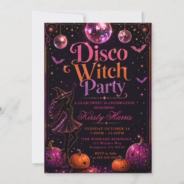 Convites Festa Disco Witch Sweet 16 (Frente)