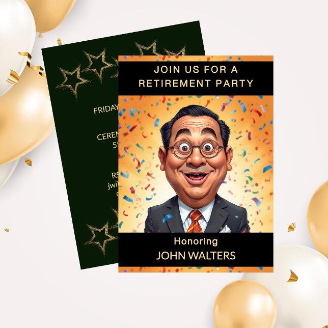 Convites Festa Divertida de Aposentadoria de Colega de Trab (Funny Retirement Party Caricature Business Man Invitation)