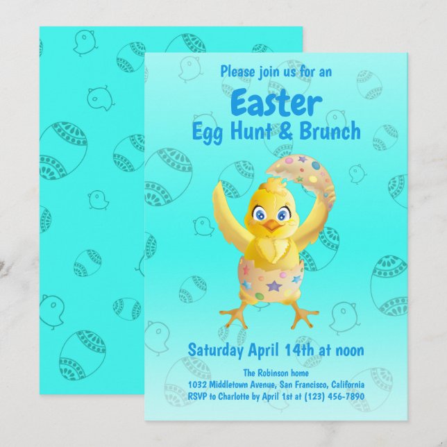 Convites Festa Divertida de Caça ao Ovo de Páscoa com Frang (Frente/Verso)