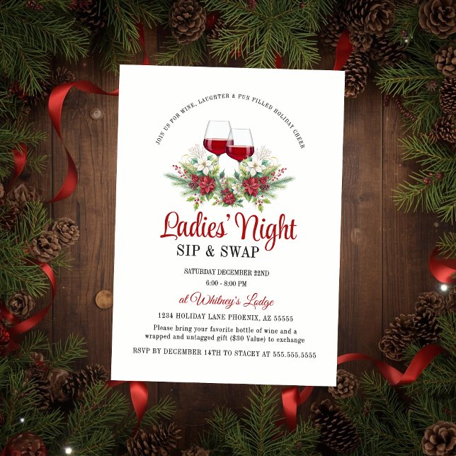 Convites Festa Divertida de Natal com Bebidas e Troca de Pr (Elegant and festive ladies' night sip and swap gift exchange invitation for wine cocktail event)