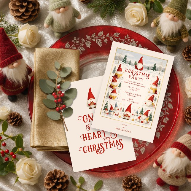 Convites Festa Divertida de Natal com Gnome TMF26 (Whimsical Christmas Gnome Christmas Party Invitation with Faux Gold Effect Frame.)