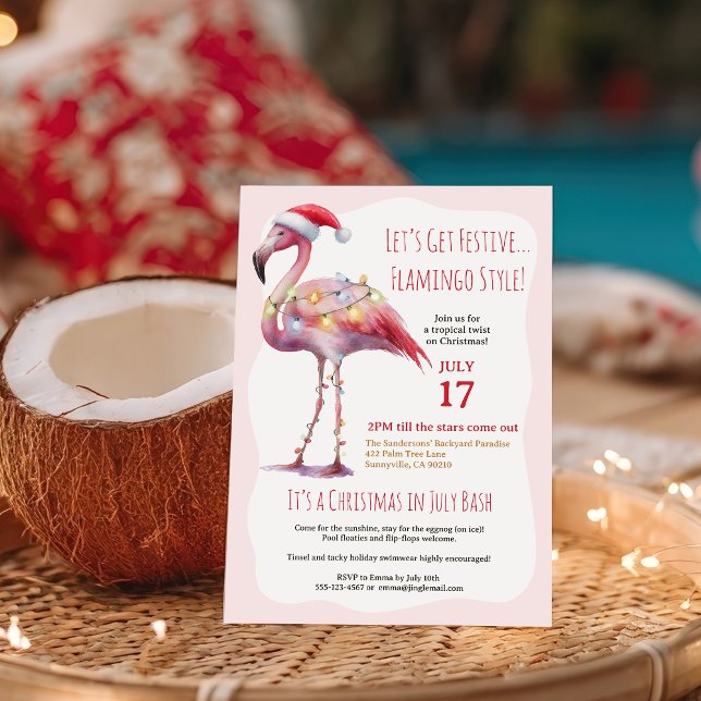 Convites Festa Divertida de Natal em Julho com Flamingo Tro (Fun Tropical Flamingo Christmas in July Party Invitation)