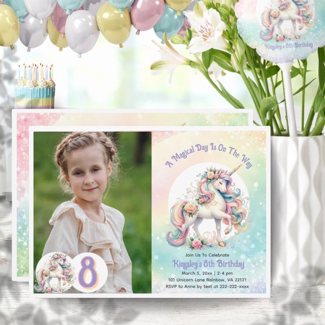 Convites Festa do 8º Oitavo Unicórnio Pastel Arco-íris (8th Eighth Unicorn Party Pastel Rainbow Party Invitation)