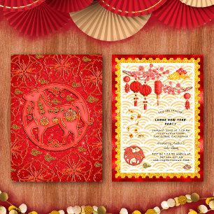 Convites Festa do Ano Novo Chinês Cavalo Floral Dourado Ver