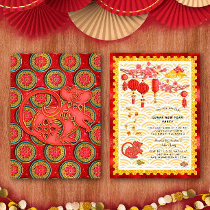 Convites Festa do Ano Novo Chinês do Zodíaco do Rato Floral