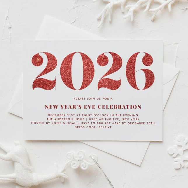 Convites Festa do Ano Novo e do Lixo Vermelho 2024 (Customizable 2026 New Year's Eve party invitation featuring faux red glitter.)