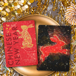 Convites Festa do Ano Novo Lunar do Coelho Glitter Dourado 