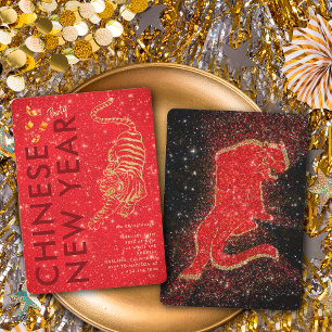 Convites Festa do Ano Novo Lunar do Tigre Glitter Dourado V