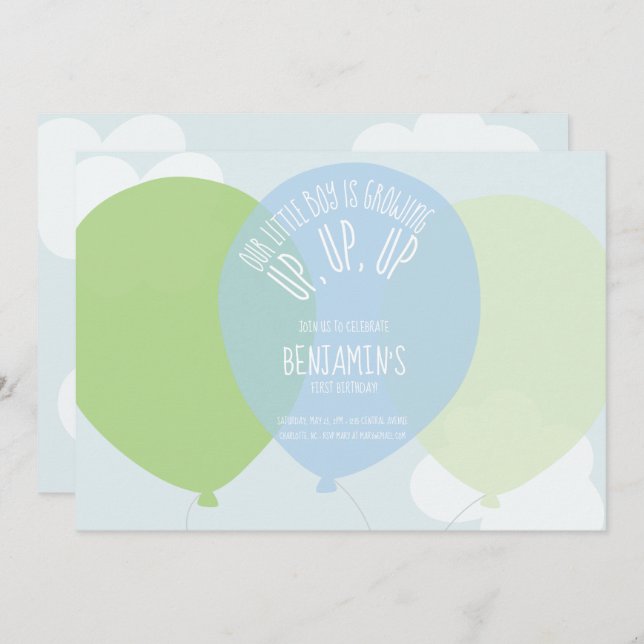 Convites Festa do Balão de Aniversário do Primeiro Rapaz Ve (Frente/Verso)