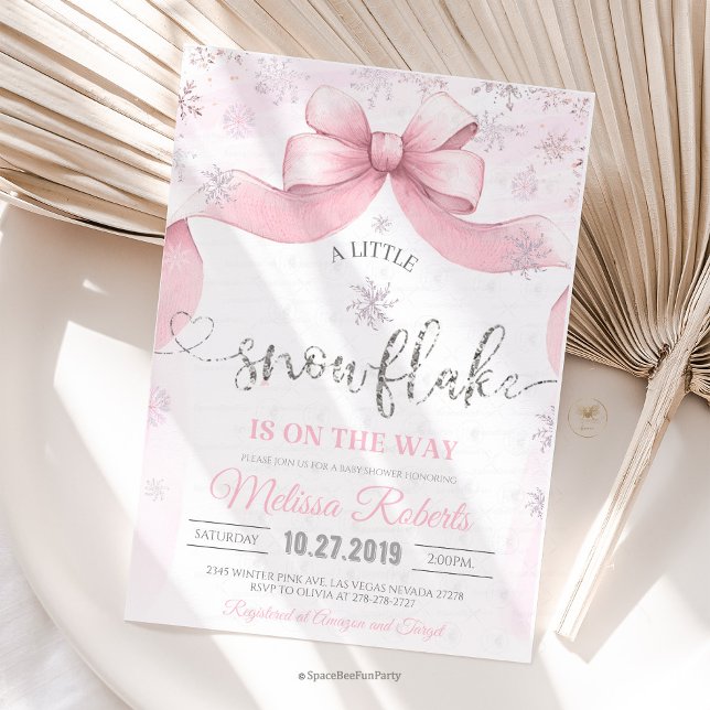 Convites Festa do bebê Snowflake Bow  (snowflake girl, winter baby shower, baby girl shower, winter fairy baby, snow baby shower)