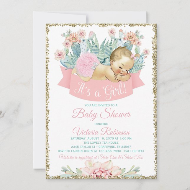 Convites Festa do Cacto Loira Baby Shower (Frente)