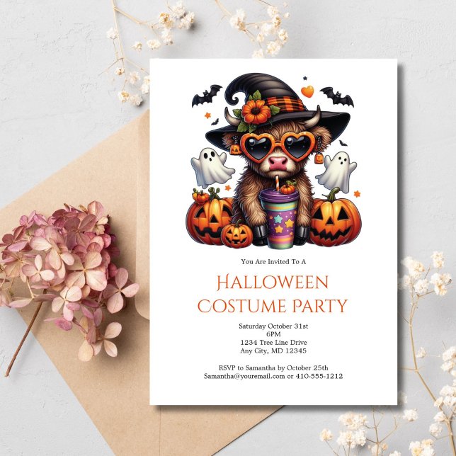 Convites Festa do Café do Halloween, uma Engraçada e Engraç (Highland Cow Halloween Party Invitation Cute Funny for Kids or Adults. Digital or Printed. )