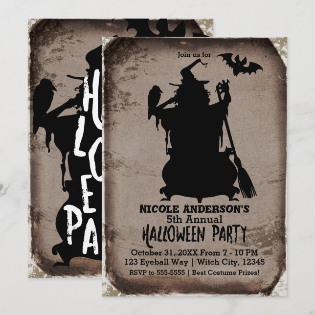 Convites Festa do Caldeirão de Bruxa de Halloween Rústico V (Frente/Verso)