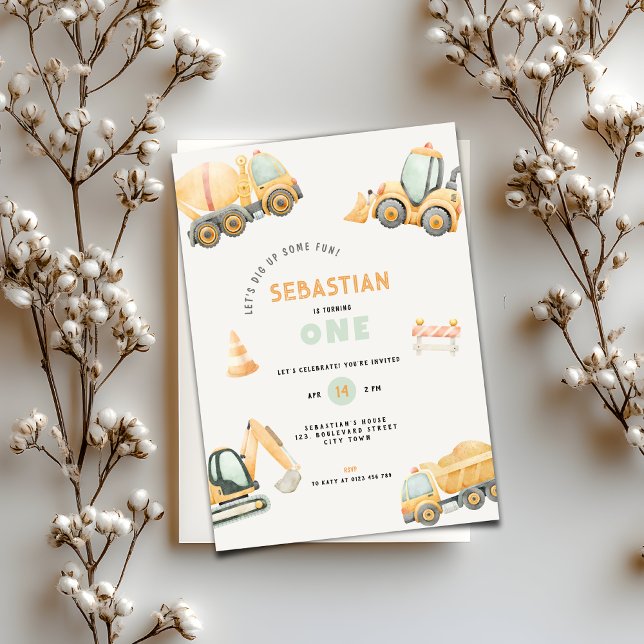 Convites Festa do Caminhão de Obras Menino de um Ano de Ida (Construction Dump Truck Party Boys First Birthday Invitation)