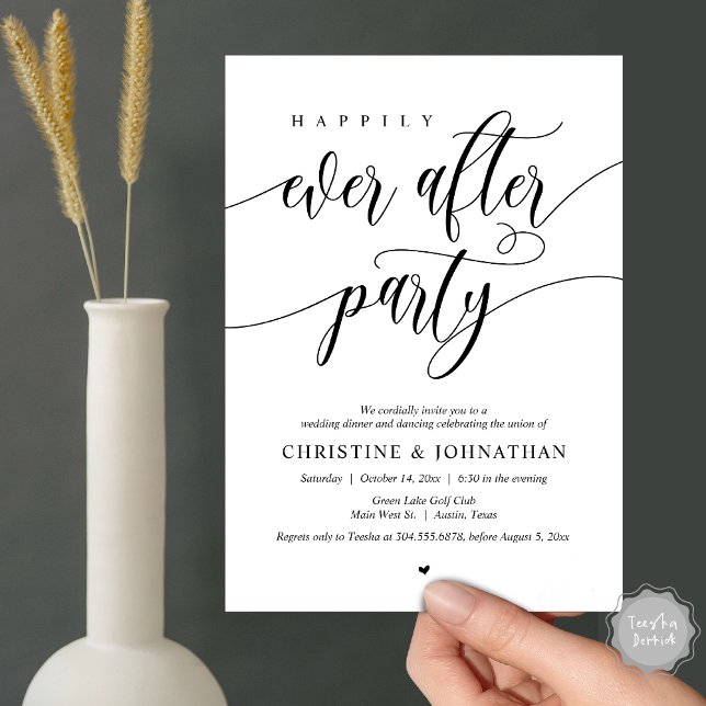 Convites Festa do Casamento Feliz Jantar Dança (Happily Ever After Party Dinner Dancing Modern Invitation Card, PDF, in Black and White)