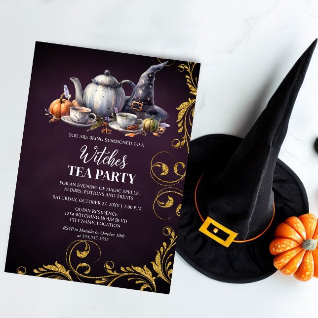 Convites Festa do chá de bruxas (Get together for a witches tea by inviting your guests with this elegant invitation.)
