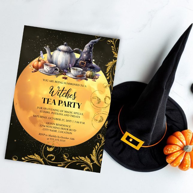 Convites Festa do chá de bruxas (Invite you witch friends for a witches tea party with this witching hour gold moon invitation.)