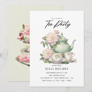Convites Festa do Chá em Xícara Floral Aquarela