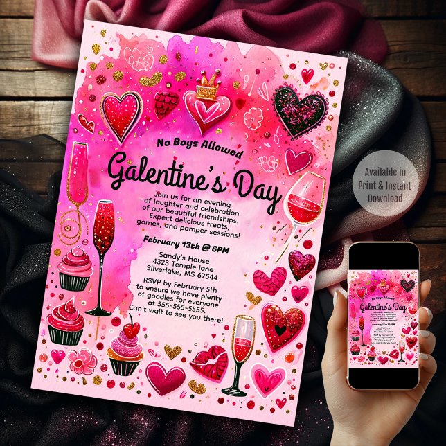 Convites Festa do Dia da Galentina, da Garota Rosa Sassy (Galentine's Day)
