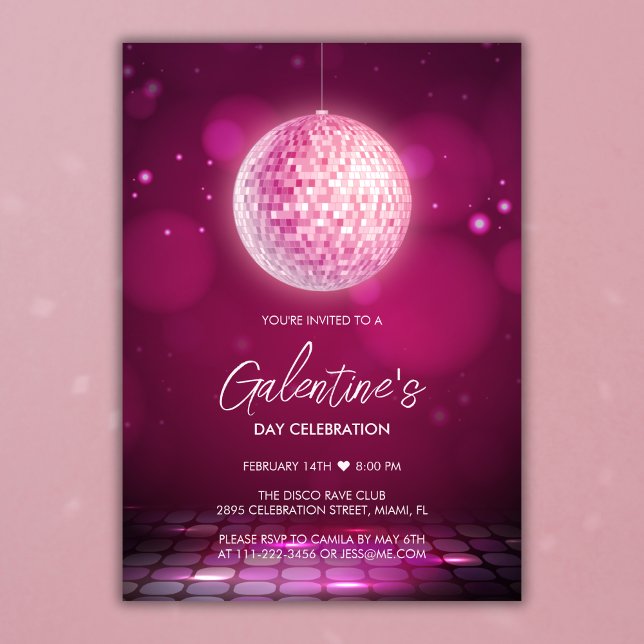 Convites Festa do Dia da Galentina Noite de Disco Rosa (Pink Disco Girls Night Galentine's Day Party Invitation)