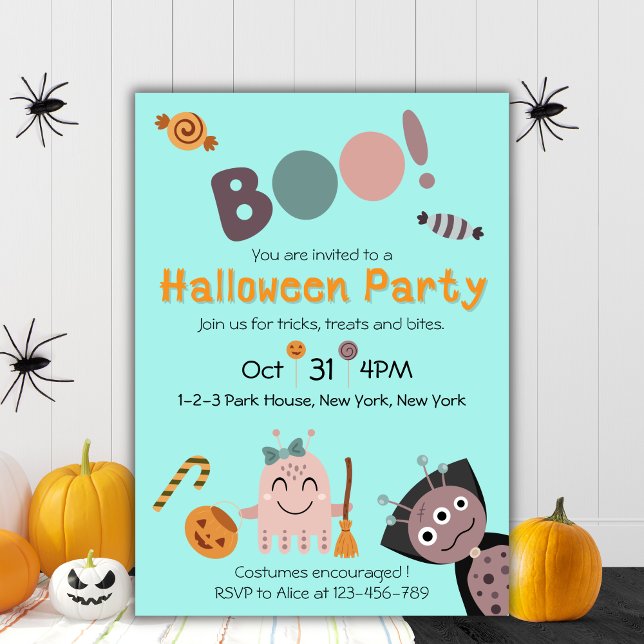 Convites Festa do Dia das Bruxas (Kids Halloween Party Invitation, Cute Monsters)