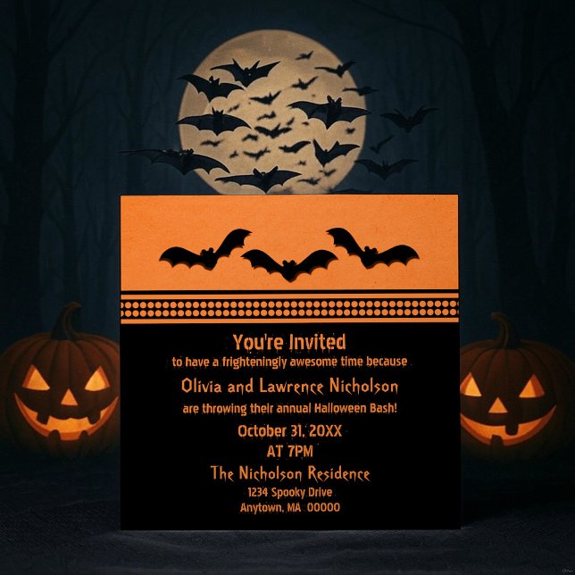 Convites Festa do Dia das Bruxas, Orange (Orange Gone Batty Halloween Party Invitation)