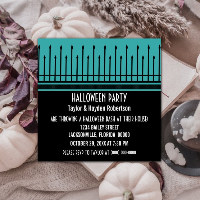 Convites Festa do Dia das Bruxas Spooky, Turquoise (Spooky Halloween Gate Party Invite - Turquoise)
