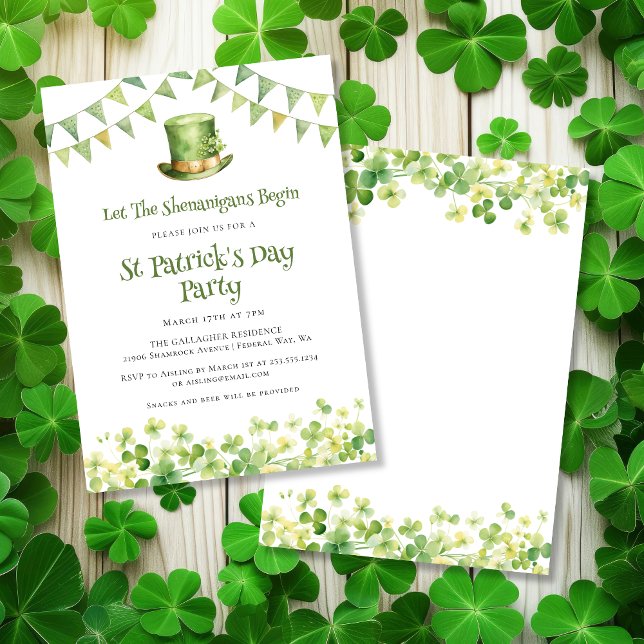 Convites Festa do Dia de São Patrício com Trevo de Aquarela (Green Watercolor Shamrock St Patrick's Day Party Invitation)