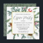 Convites Festa do Escritório de Natal Elegante Winter Green<br><div class="desc">Este modelo de Y quadrado apresenta uma estrutura dourada decorada com galhos de pínus,  bagas vermelhas e cones de pínus. Muito espaço branco lhe dá um sentimento aberto e elegante.</div>
