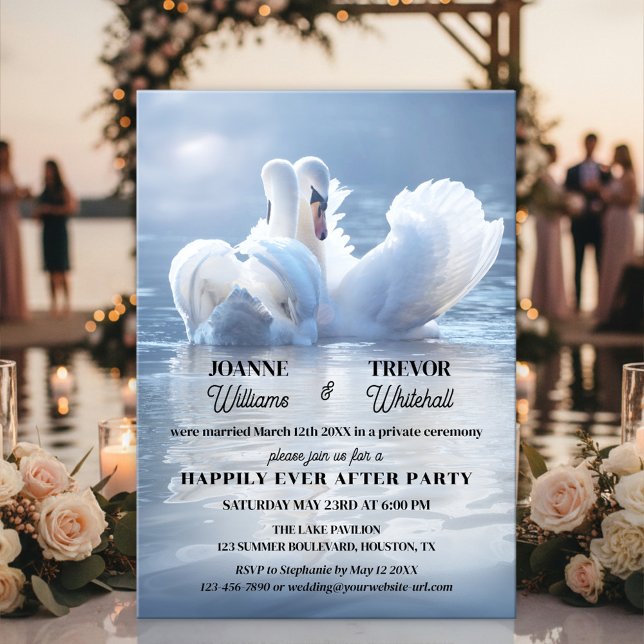 Convites Festa do Lago dos Cisnes Felizes para Sempre (Happily ever after wedding invitation featuring two swans in love on a sunlit lake)