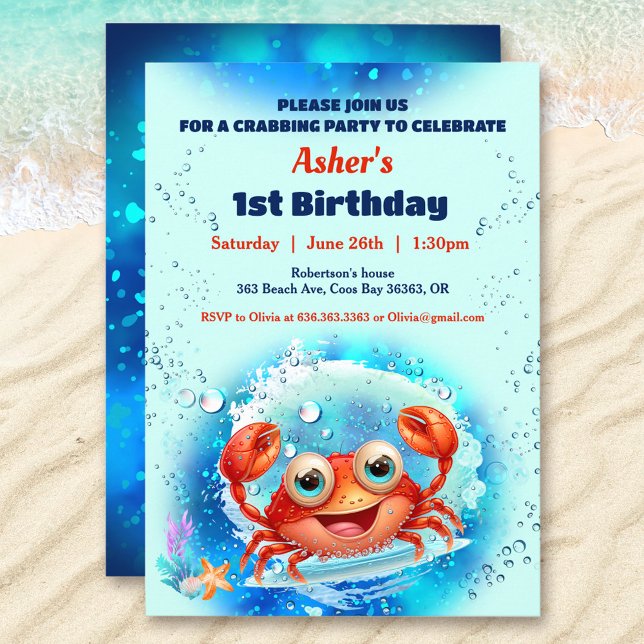 Convites Festa do primeiro aniversario de Caranguejo, Era P (Crab Pool 1st Birthday Party Blue Boy Custom Age Invitation)