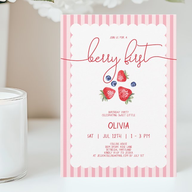 Convites Festa do Primeiro primeiro aniversario, Berry, Cac (Cute Red Baby Girl Berry First 1st Birthday Party Invitation)