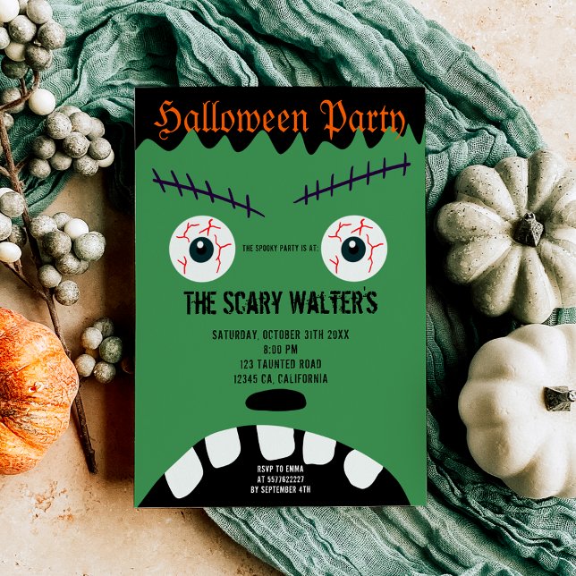 Convites Festa do rosto de um monstro verde das bruxas (Halloween green monster eyeball face party invitation)