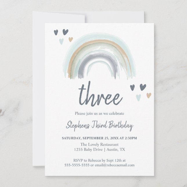 Convites Festa do segundo aniversário Arco-Íris Blue Boho (Frente)